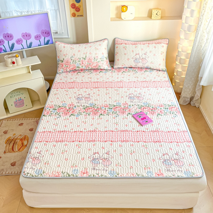 91家纺网 家纺一手货源 找家纺 柒月家居 2025新款小清新乳胶凉席 粉系花园