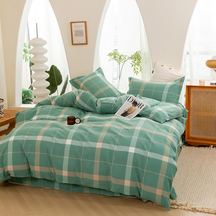 91家纺网 家纺一手货源 找家纺 喜四方 2025新款全棉色织水洗棉四件套 悠然大格（绿）