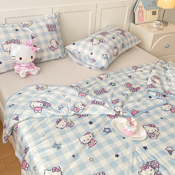 91家纺网 家纺一手货源 找家纺 金爱家2025新款A类三丽鸥正版授权高品质牛奶丝软糯针织棉大豆夏被系列详情 针织棉三丽鸥-蓝格kitty