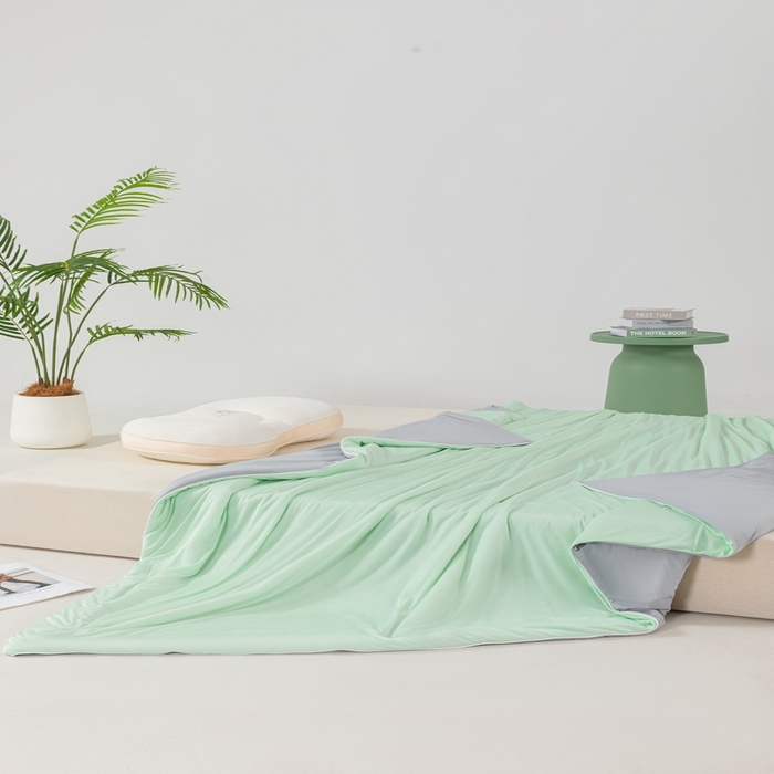 91家纺网 家纺一手货源 找家纺 潮邦家居 2025新款凉感丝夏被夏凉被空调被 薄荷绿拼灰