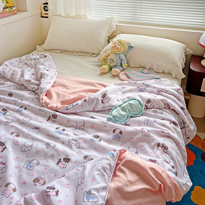 91家纺网 家纺一手货源 找家纺 妖妖家纺 2025新款超柔双层纱糯糯针织棉夏凉被 狗狗乐园