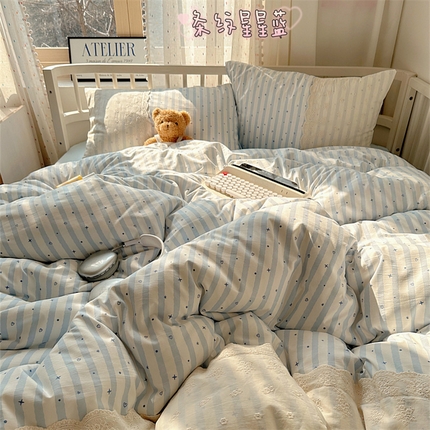 顾里家纺 2025新款简约小资系列云感双层纱四件套 条纹星星蓝
