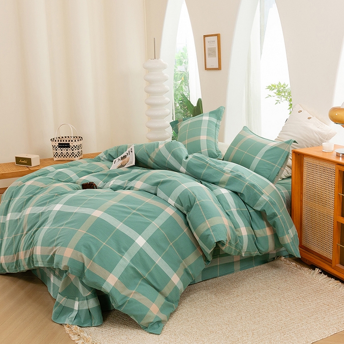 91家纺网 家纺一手货源 找家纺 喜四方 2025新款全棉色织水洗棉四件套 悠然大格（绿）