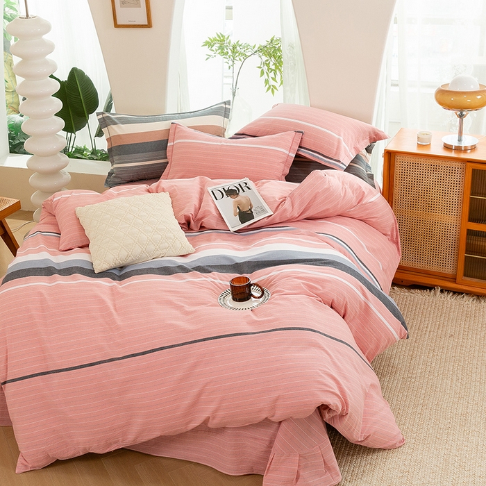 91家纺网 家纺一手货源 找家纺 喜四方 2025新款全棉色织水洗棉四件套 慢生活（粉）