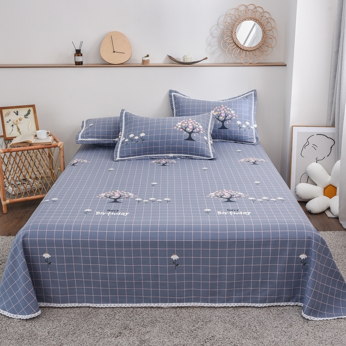 91家纺网 家纺一手货源 找家纺 仟网汇 2025全棉老粗布蕾丝花边三件套（无纺布手提包装） 发财树蓝灰