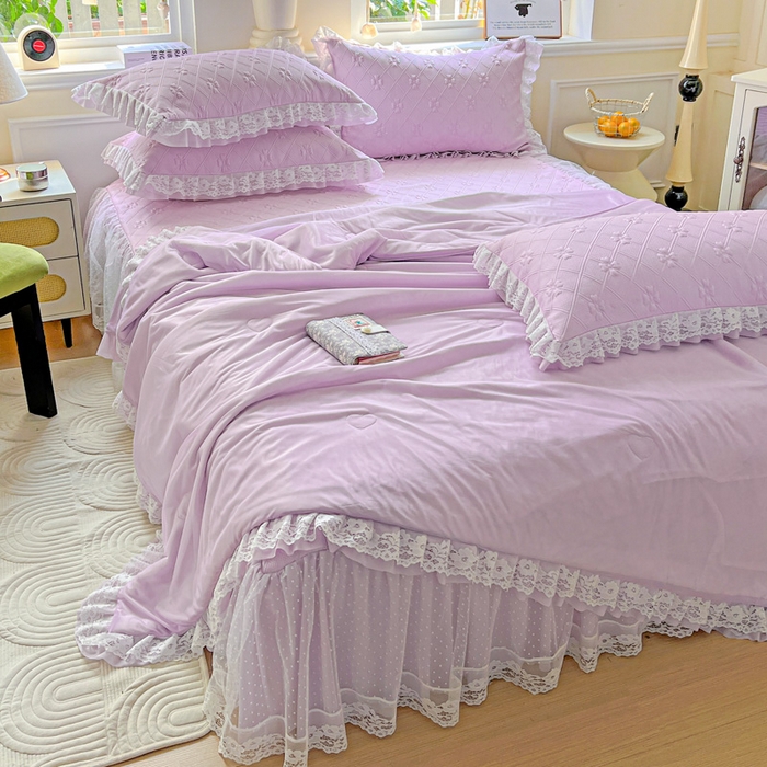 91家纺网 家纺一手货源 找家纺 创爱家纺 2025新款3D提花冰豆豆床裙款凉席夏被四件套 冰豆豆-紫