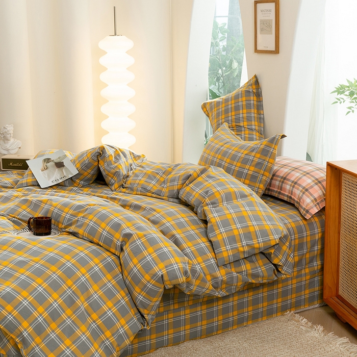 91家纺网 家纺一手货源 找家纺 喜四方 2025新款全棉色织水洗棉四件套 夏威夷（ 黄）