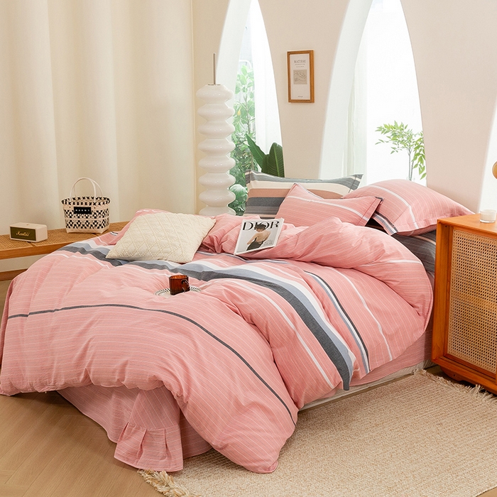 91家纺网 家纺一手货源 找家纺 喜四方 2025新款全棉色织水洗棉四件套 慢生活（粉）