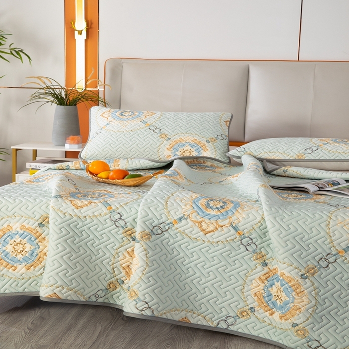 91家纺网 家纺一手货源 找家纺 美丽折2025夏季新品高端加厚全冰丝生物基乳胶凉席三件套 水洗天然乳胶凉席 富贵华庭绿