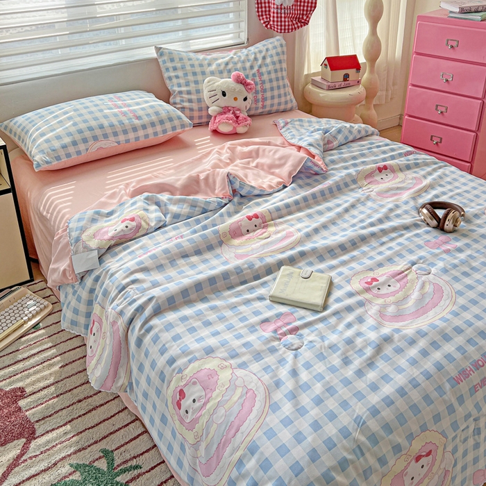 91家纺网 家纺一手货源 找家纺 妖妖家纺 2025新款超柔双层纱糯糯针织棉夏凉被四件套 蛋糕猫