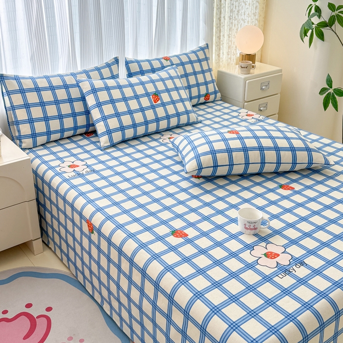 91家纺网 家纺一手货源 找家纺 仟网汇 2025新款老粗布床单粗布凉席老粗布单床单枕套单品 蓝格草莓