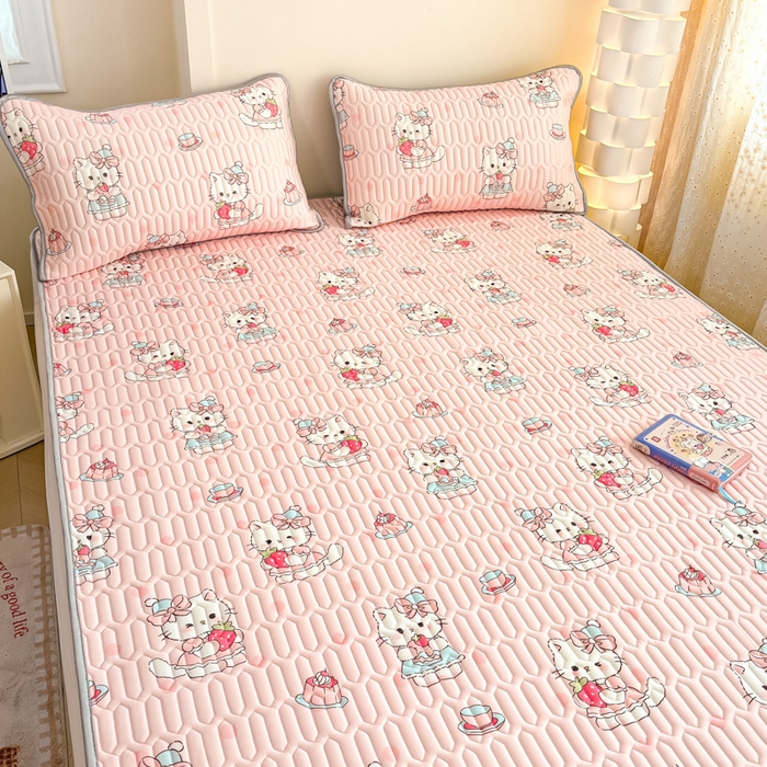 91家纺网 家纺一手货源 找家纺 柒月家居 2025新款小清新乳胶凉席 粉色猫咪