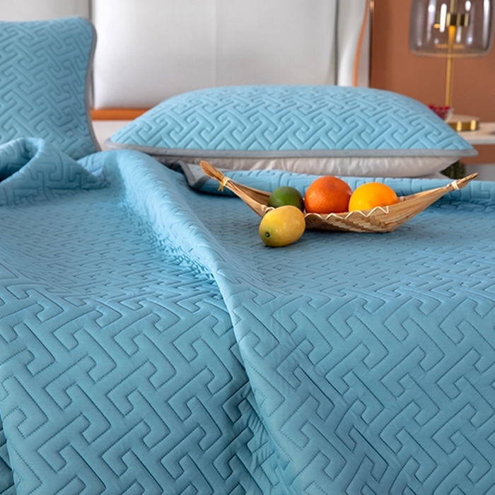 91家纺网 家纺一手货源 找家纺 美丽折2025夏季新品高端加厚全冰丝生物基乳胶凉席三件套 水洗天然乳胶凉席 孔雀蓝T