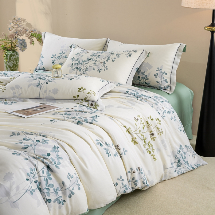 91家纺网 家纺一手货源 找家纺 帅露家纺 2025新款50S莱赛尔天丝印花四件套 娇花弄影