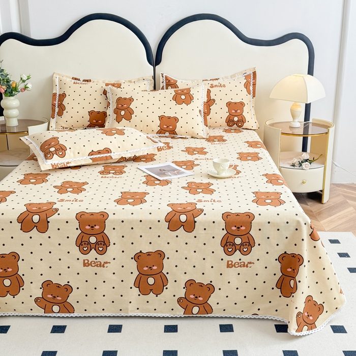 91家纺网 家纺一手货源 找家纺 仟网汇 2025全棉老粗布蕾丝花边三件套（无纺布手提包装） 波点萌熊