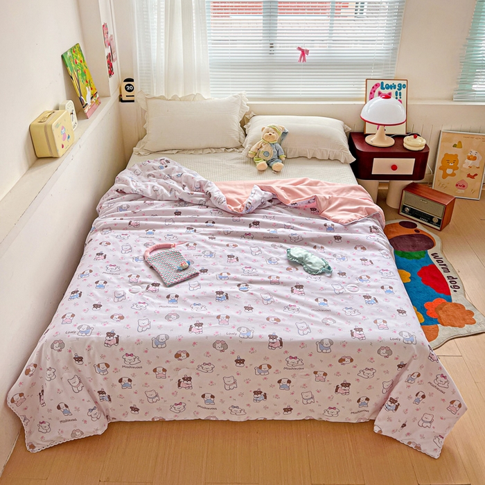 91家纺网 家纺一手货源 找家纺 妖妖家纺 2025新款超柔双层纱糯糯针织棉夏凉被 狗狗乐园