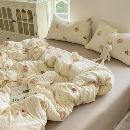 【提供买家秀】2025直播云感皱皱棉四件套水洗棉小清新碎花简约风单品单被套 蛋糕熊