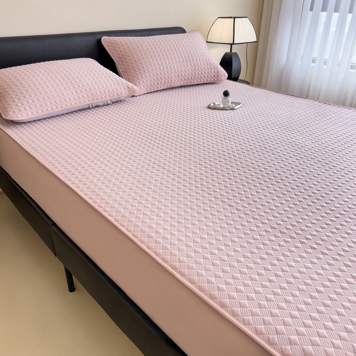 91家纺网 家纺一手货源 找家纺 席世家 2025新款凉感席冰豆豆席子三套件凉席床笠 小方格芙蓉粉-床笠款