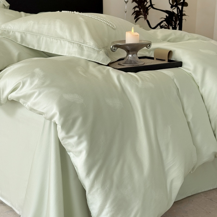 91家纺网 家纺一手货源 找家纺 莱豫家纺 2025新款天丝棉提花四件套 克莱尔绿