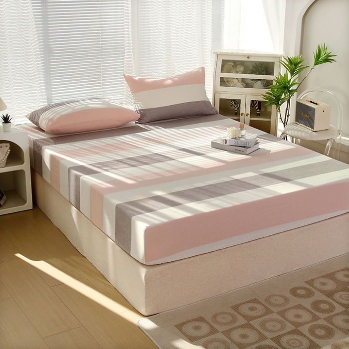 91家纺网 家纺一手货源 找家纺 恋之语 2025新款全棉纯棉色织床笠单品单床笠床笠单件 简约粉灰条