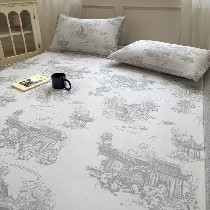 91家纺网 家纺一手货源 找家纺 花漾家居 2025新款A类色织提花PE凉感丝凉席三件套床单床笠款 床单款-江南灰