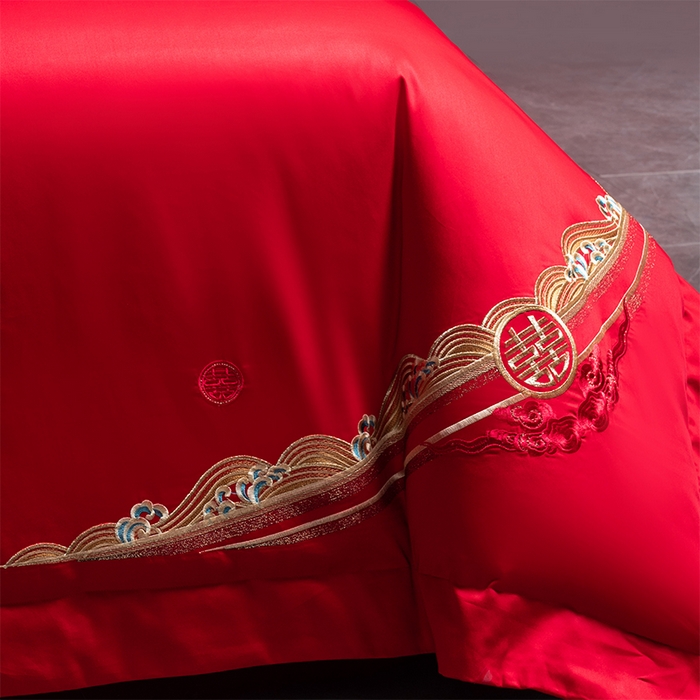 91家纺网 家纺一手货源 找家纺 博之洋婚庆 2025新款全棉长绒棉刺绣新中式婚庆系列多件套 喜悦