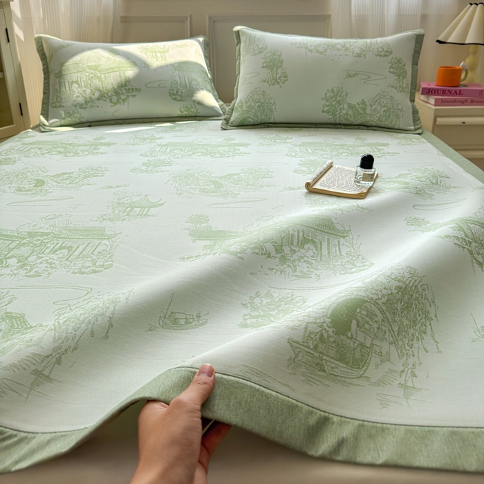 91家纺网 家纺一手货源 找家纺 花漾家居 2025新款A类色织提花PE凉感丝凉席三件套床单床笠款 床单款-江南绿