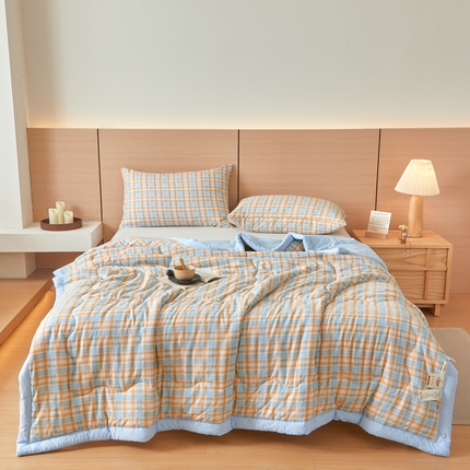 91家纺网 家纺一手货源 找家纺 易博家纺 2025新款格子纯色水洗棉无印风百分百新疆棉花夏被夏凉被被子被芯 莫奈格 橙