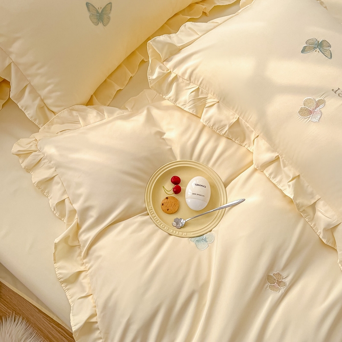 91家纺网 家纺一手货源 找家纺 恋之语 2025新款水洗棉刺绣花边四件套-蝶羽 蝶羽-黄