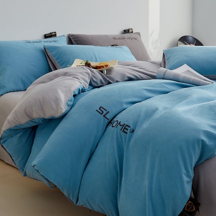 91家纺网 家纺一手货源 找家纺 恋之语 2025新款110克麻绳双拼刺绣单被套 天蓝+浅灰