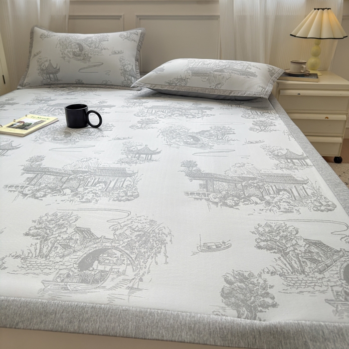 91家纺网 家纺一手货源 找家纺 花漾家居 2025新款A类色织提花PE凉感丝凉席三件套床单床笠款 床单款-江南灰