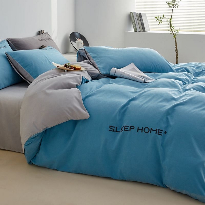 91家纺网 家纺一手货源 找家纺 恋之语 2025新款110克麻绳双拼刺绣四件套 天蓝+浅灰