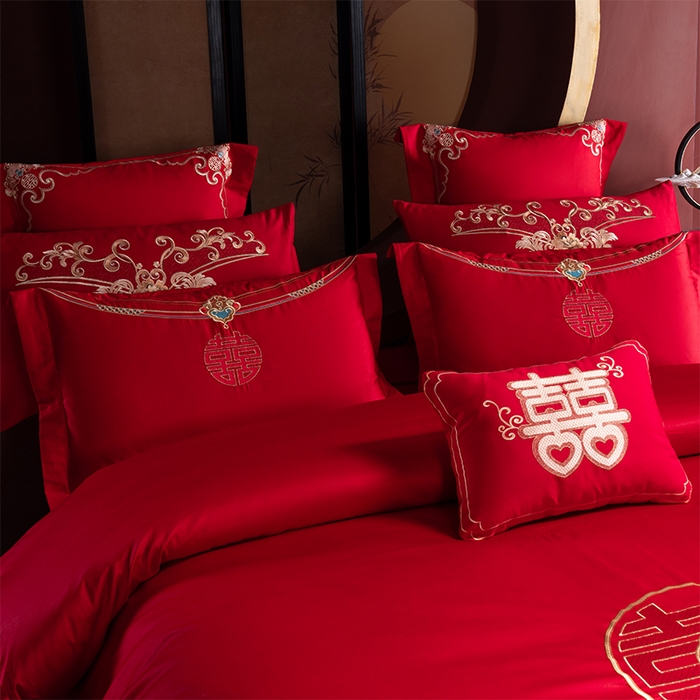 91家纺网 家纺一手货源 找家纺 博之洋婚庆 2025新款全棉长绒棉刺绣新中式婚庆系列多件套 喜悦