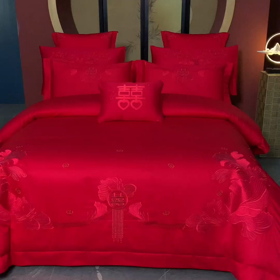 91家纺网 家纺一手货源 找家纺 博之洋婚庆 2025新款全棉长绒棉刺绣新中式婚庆系列多件套 甜蜜时光--红