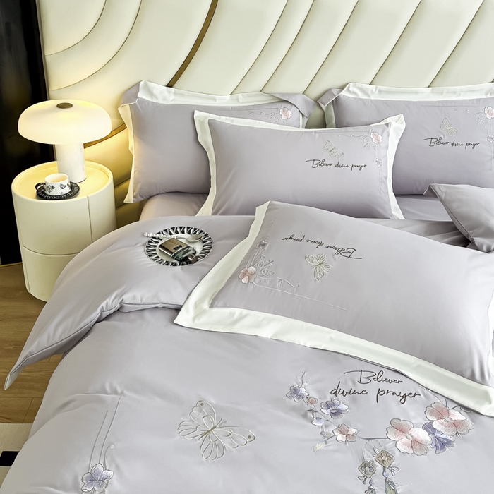 91家纺网 家纺一手货源 找家纺 恋之语 2025新款水洗棉刺绣四件套-锦绣花 锦绣花-浅灰