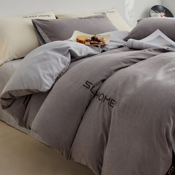 91家纺网 家纺一手货源 找家纺 恋之语 2025新款110克麻绳双拼刺绣四件套 深灰+浅灰