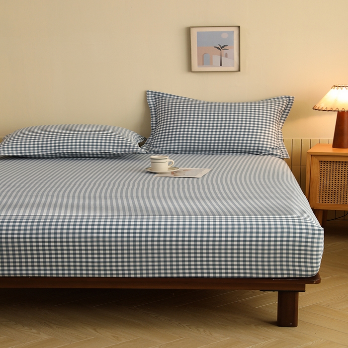 91家纺网 家纺一手货源 找家纺 绒多多 2025新款简约水洗棉色织床笠 蓝小格