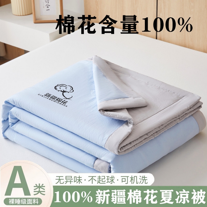 91家纺网 家纺一手货源 找家纺 爱屋及屋 2025新款纯色撞色100%棉花填充夏被夏凉被空调被夏季可机洗薄被子被芯 浅灰+天蓝