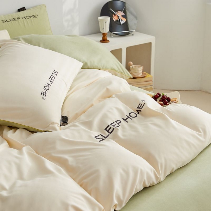 91家纺网 家纺一手货源 找家纺 恋之语 2025新款110克麻绳双拼刺绣单被套 米黄+抹茶绿