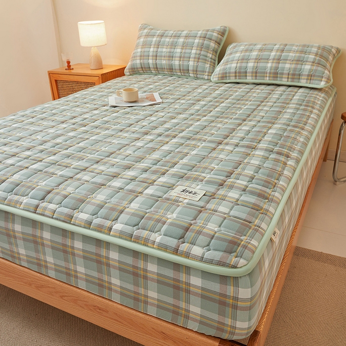 91家纺网 家纺一手货源 找家纺 喜居家纺2025新款A类水洗棉夹棉棉花床笠垫 棉-云舒绿