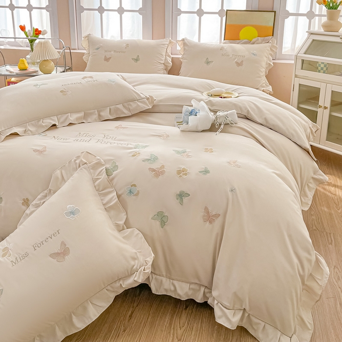 91家纺网 家纺一手货源 找家纺 恋之语 2025新款水洗棉刺绣花边四件套-蝶羽 蝶羽-米白