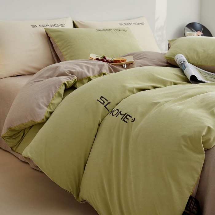 91家纺网 家纺一手货源 找家纺 恋之语 2025新款110克麻绳双拼刺绣单被套 抹茶绿+浅灰