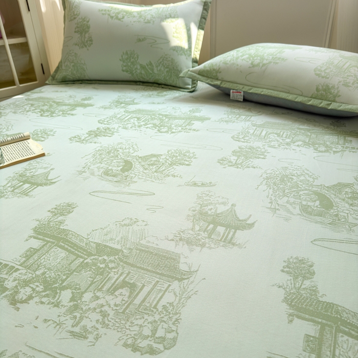 91家纺网 家纺一手货源 找家纺 花漾家居 2025新款A类色织提花PE凉感丝凉席三件套床单床笠款 床笠款-江南绿