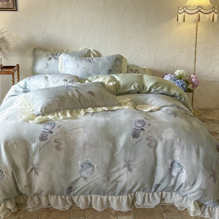 91家纺网 家纺一手货源 找家纺 亲亲公主 2025新款莱赛尔天丝棉玫瑰之恋四件套 玫瑰之恋一绿色