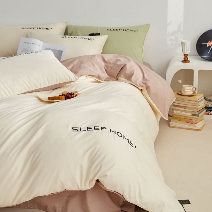 91家纺网 家纺一手货源 找家纺 恋之语 2025新款110克麻绳双拼刺绣单被套 米黄+浅咖