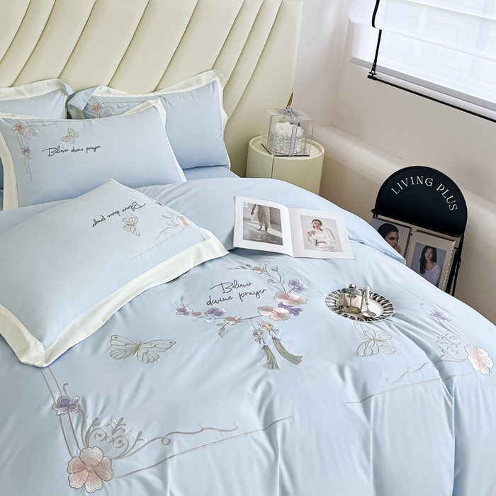 91家纺网 家纺一手货源 找家纺 恋之语 2025新款水洗棉刺绣四件套-锦绣花 锦绣花-天蓝