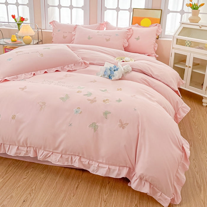 91家纺网 家纺一手货源 找家纺 （总）恋之语 2025新款水洗棉刺绣花边四件套-蝶羽