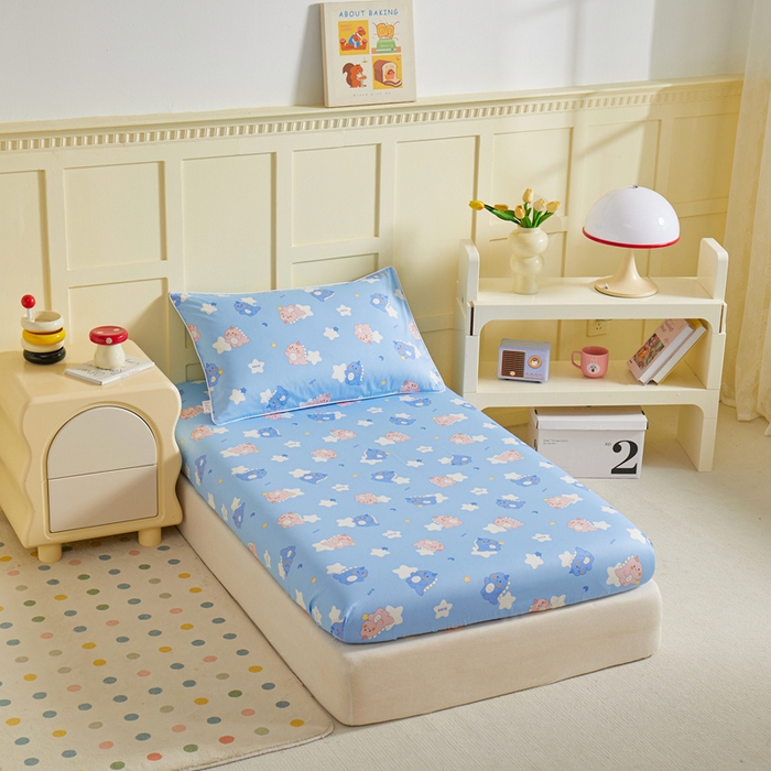 91家纺网 家纺一手货源 找家纺 ds生活馆 2025新款儿童纯棉精梳棉系列单床笠 星星恐龙蓝