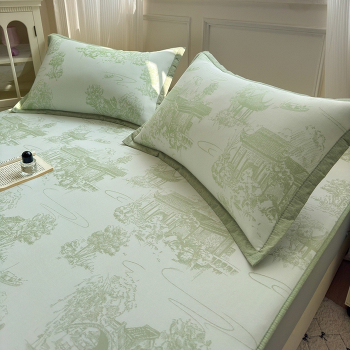 91家纺网 家纺一手货源 找家纺 花漾家居 2025新款A类色织提花PE凉感丝凉席三件套床单床笠款 床笠款-江南绿