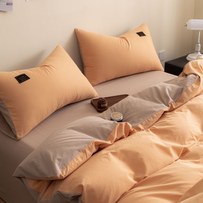 91家纺网 家纺一手货源 找家纺 恋之语 2025新款90克纯色双拼四件套 奶油橙+卡其灰